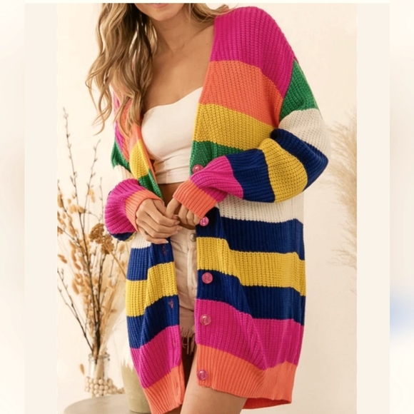 BiBi Tops - BIBI Fuschsia Multi Stripped Cardigan (xl)NWT